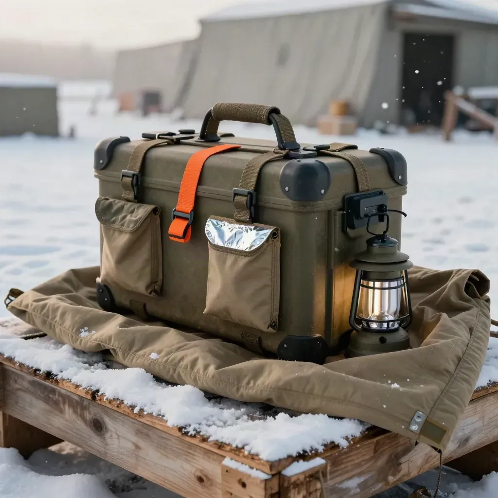 Rugged cargo case half-buried in canvas and padding on a snowy loading crate.