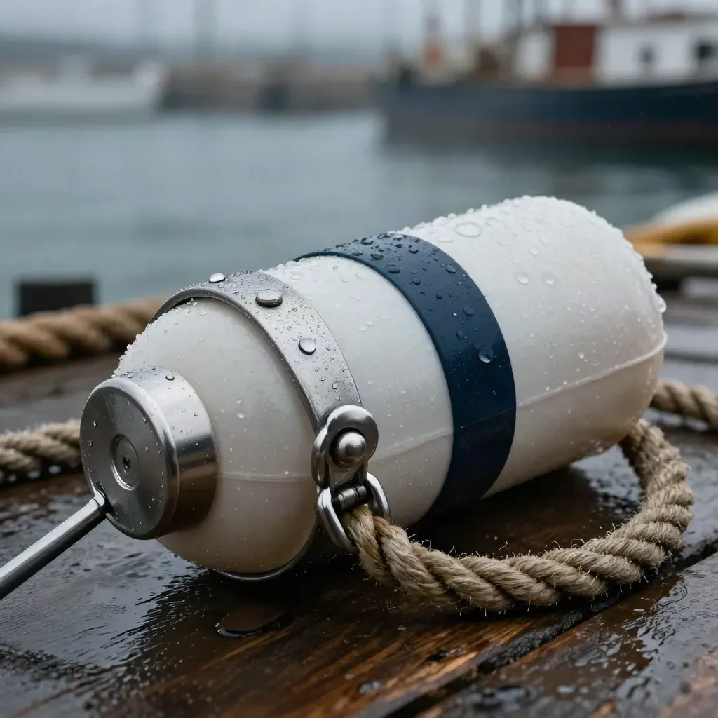 Marine parts capsule on wet dock planks with salt mist and metal clasps