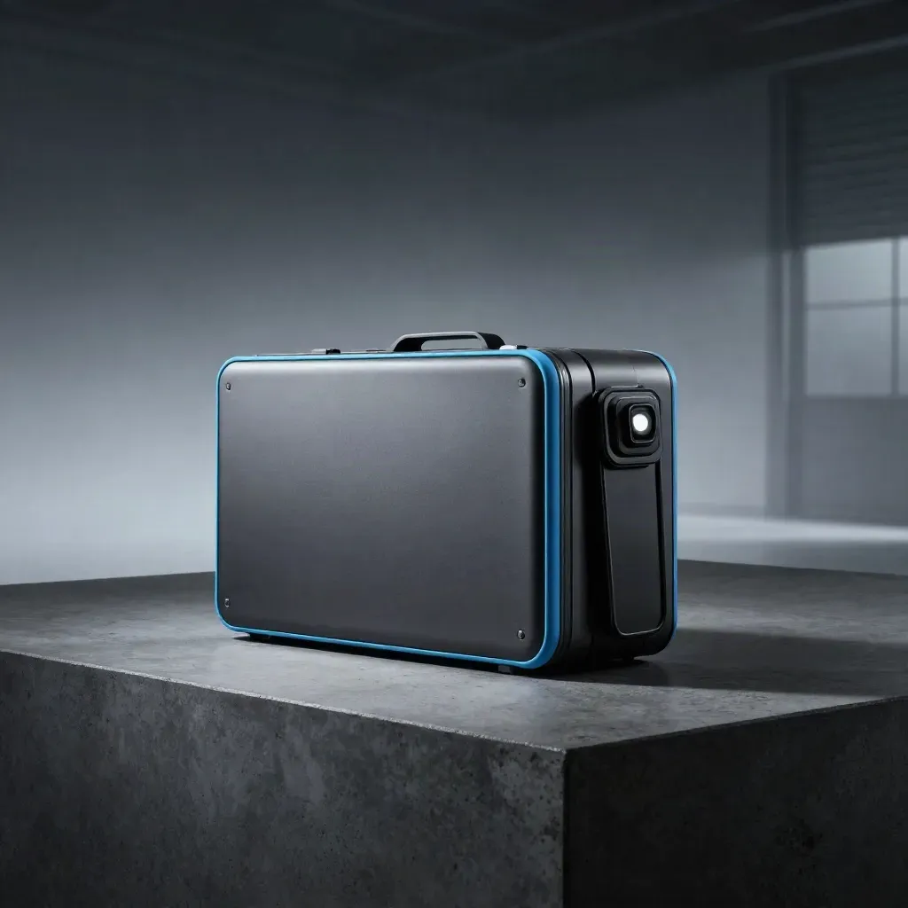 Night-shift parcel module with glowing edge trim, beacon, and transit cradle on dark concrete.