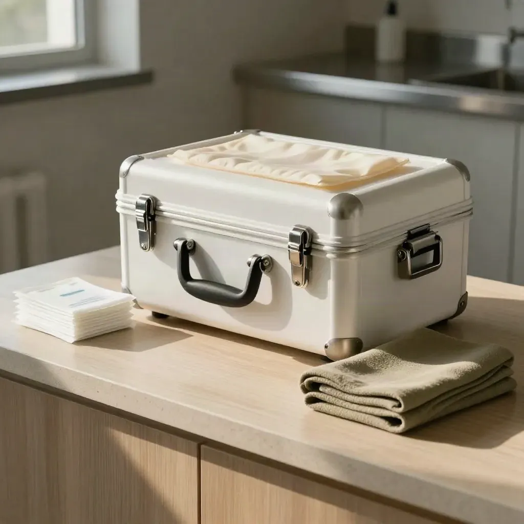 White medical courier case and sterile parcels on a pale wood clinic counter in soft light